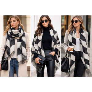 ZARA Oversized Black & Ivory Geometric Scarf Shawl Wrap Minimalist Modern Art